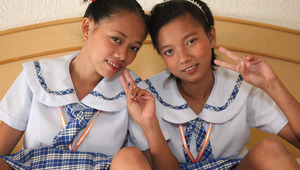 Two naughty Filipina schoolgirls eat pussy and get fucked