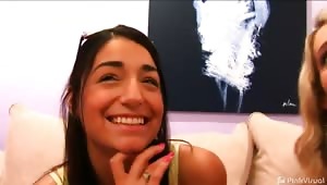 A reality show was the perfect guise for us to pick up what Lauri was lusting for; a cute chick to "show the ropes". We found freshman Elena on campus and asked her to audition as our MILF's co-host. After some coaxing her fresh muff pie made a 