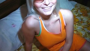Stunning blonde girl in orange clothes wants to have some fun in front of the camera. She of course knows how to get the peak of satisfaction using her fingers. She gets undressed and touches her lovely nipples. Oh, I lose my mind when she starts explorin